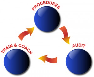 3 blue balls with procedures, audit, train and coach written above